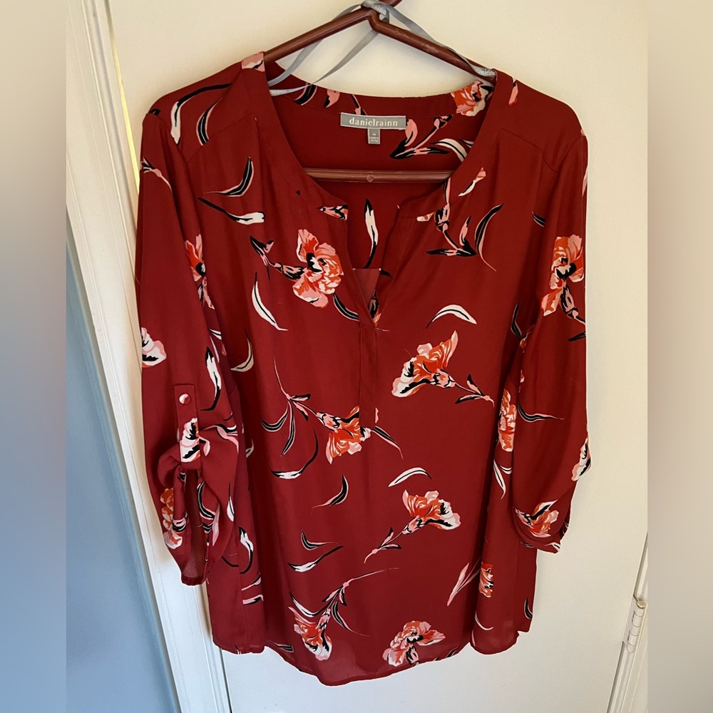 Floral Red Blouse 3/4 Length Sleeve Plus Size Perfect for work
